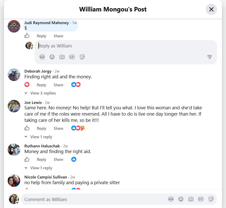 Screenshot of caregivers replying to a Facebook post about what's stopping them from taking a break