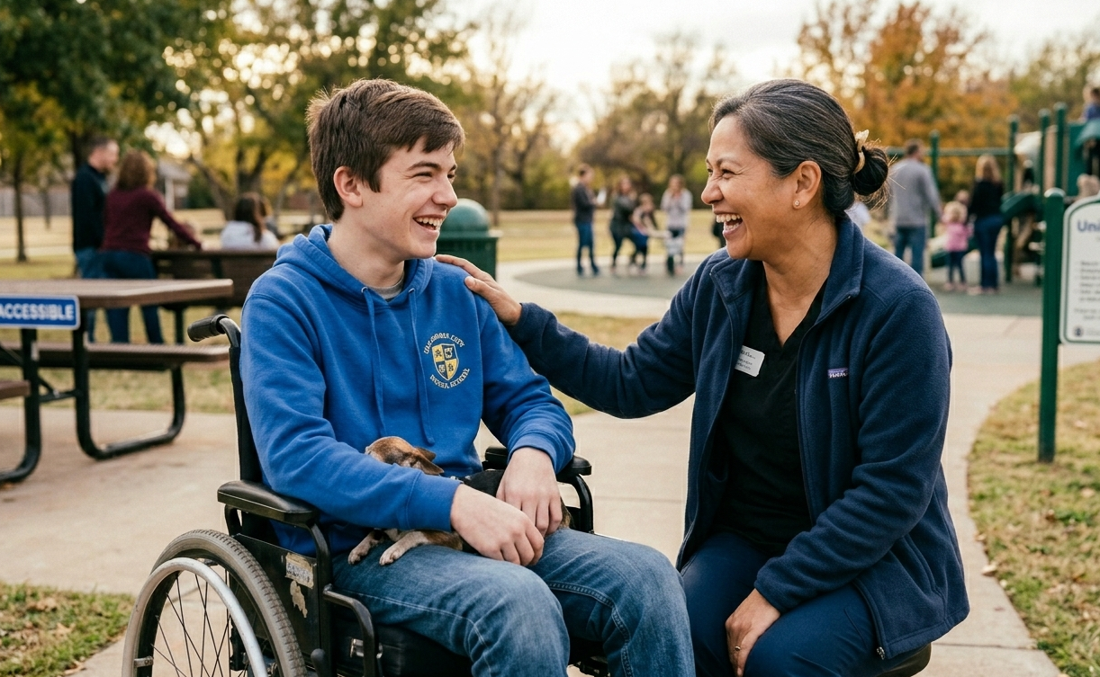 Caregiver helping child with disability